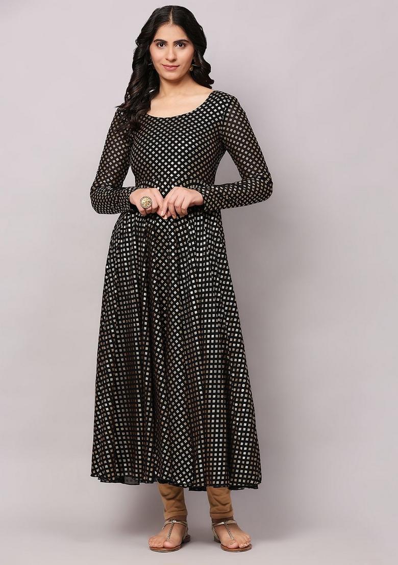 Black Embroidery Cotton Anarkali - Indya