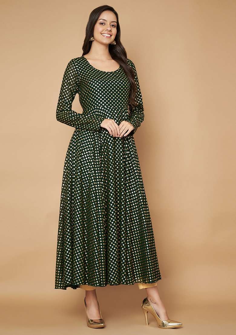 Green Sequin Work Cotton Kurta - Indya