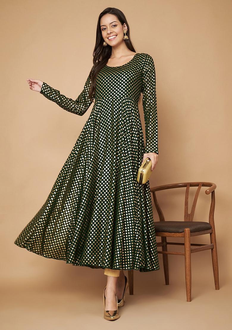 Green Embroidery Cotton Anarkali - Indya
