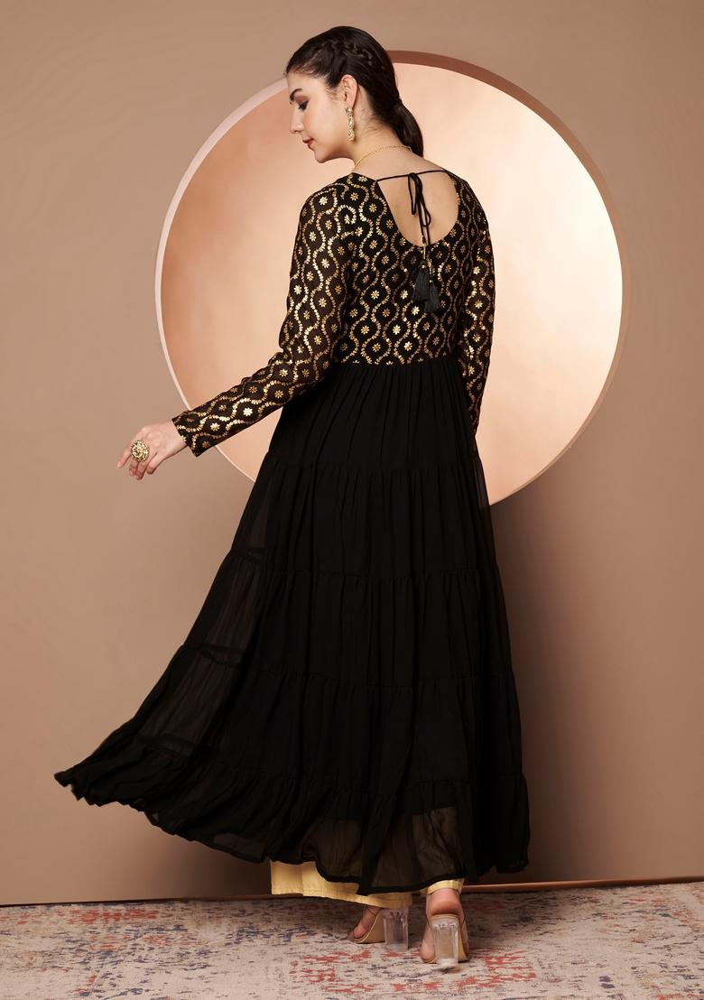 Black Embroidery Cotton Anarkali - Indya