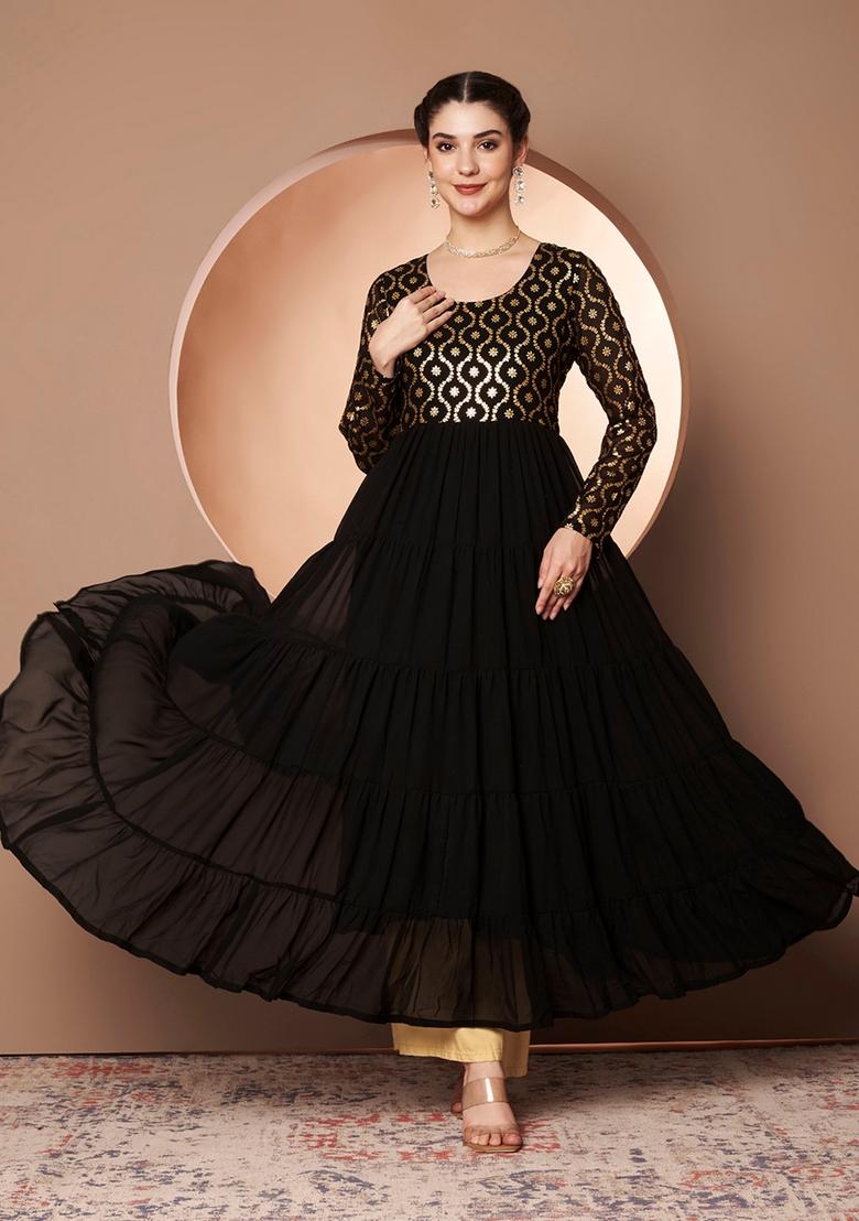 Black Embroidery Cotton Anarkali - Indya