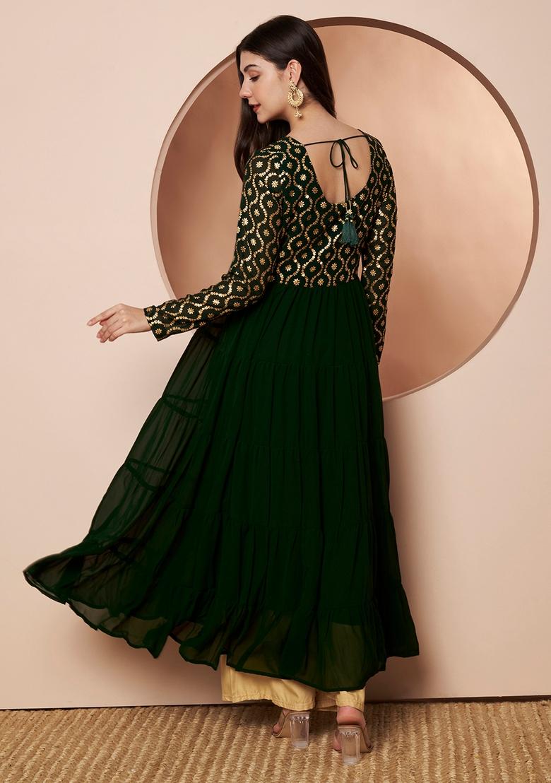 Green Embroidery Cotton Anarkali - Indya