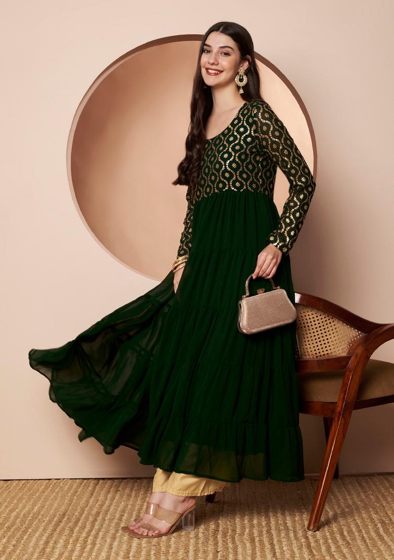 Green Embroidery Cotton Anarkali - Indya