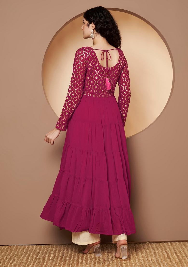 Pink Embroidery Cotton Anarkali - Indya