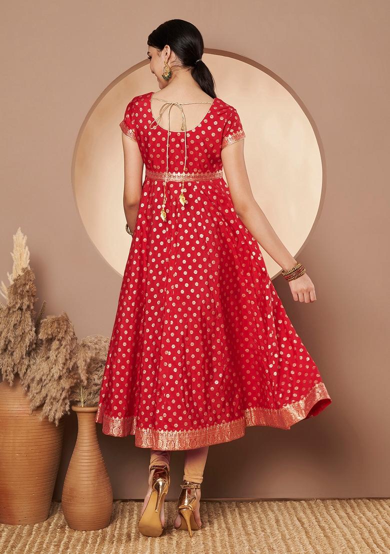 Red Embroidery Cotton Anarkali - Indya