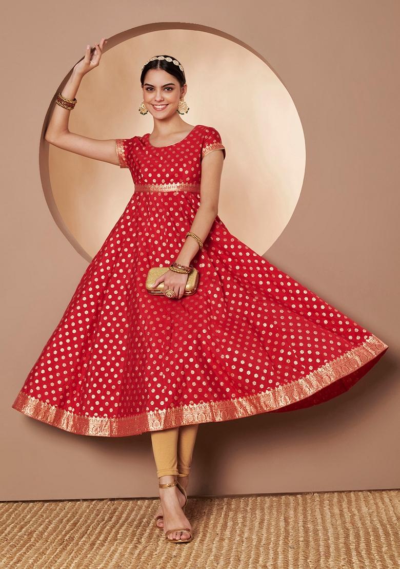 Red Embroidery Cotton Anarkali - Indya