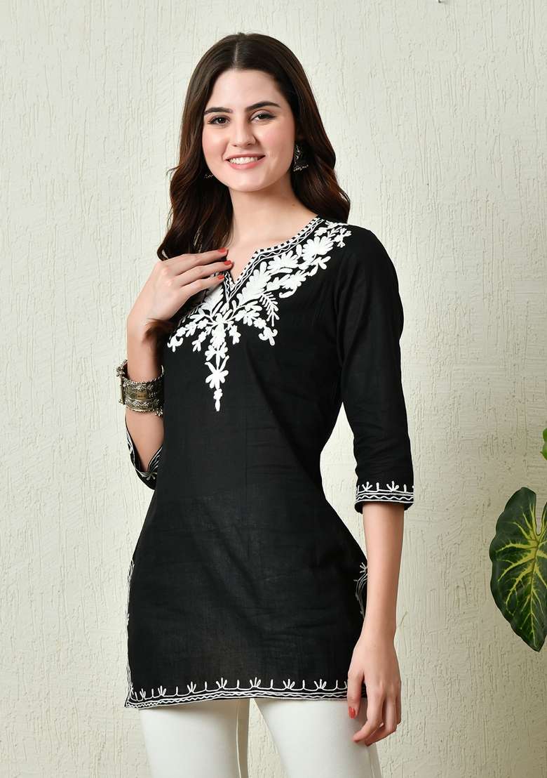 Black Embroidered Cotton Kurta - Indya