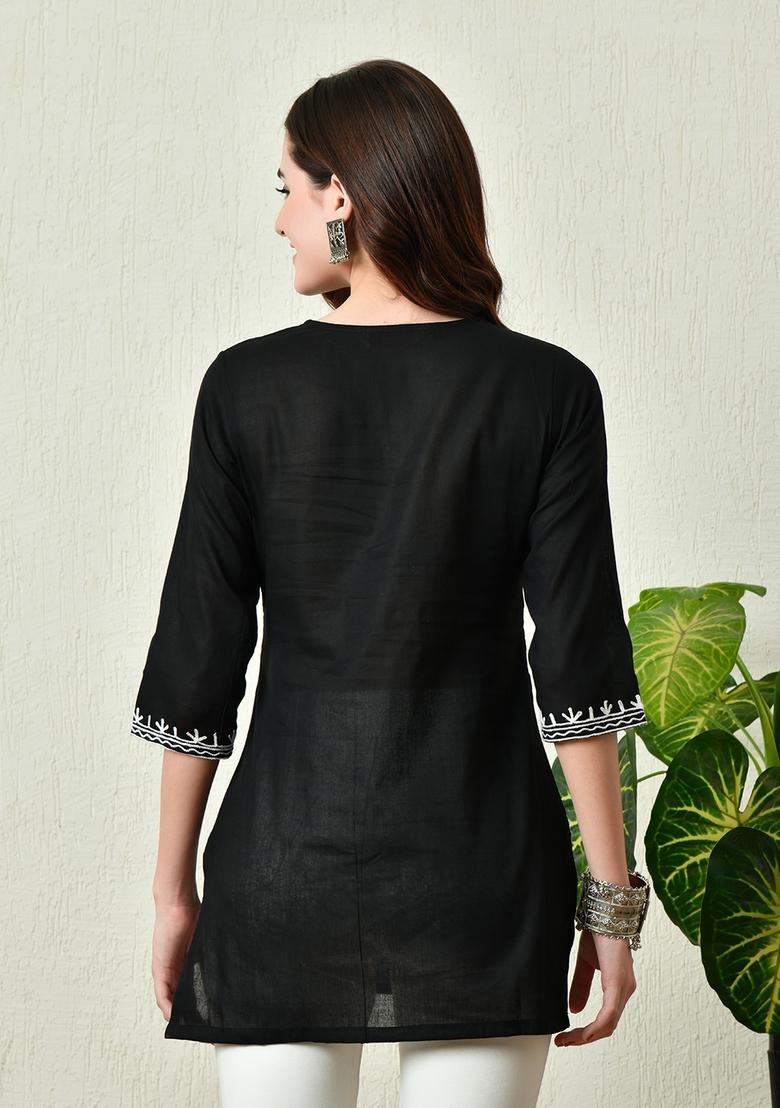 Black Embroidery Cotton Kurti - Indya