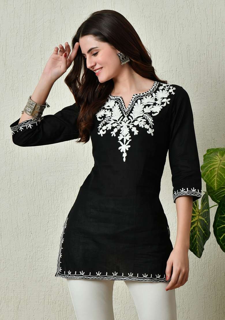 Black Embroidered Cotton Kurta - Indya