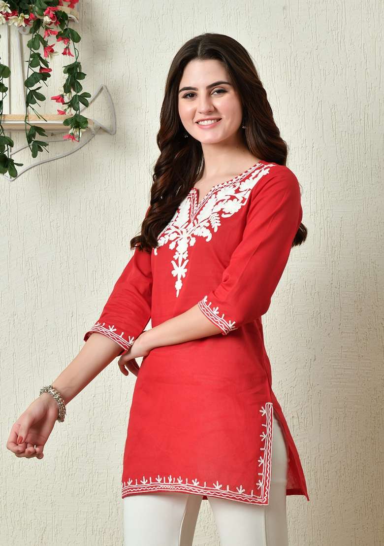 Red Chikankari Cotton Kurta - Indya