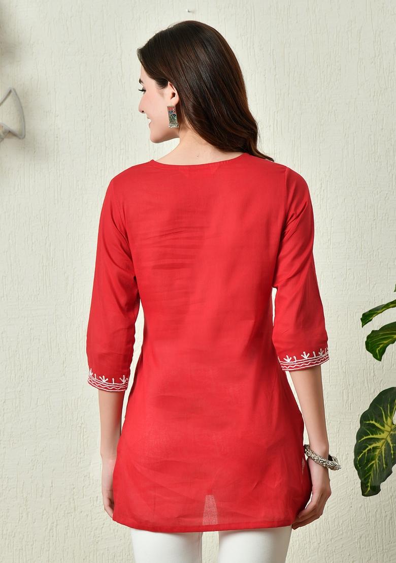 Red Embroidery Cotton Kurti - Indya