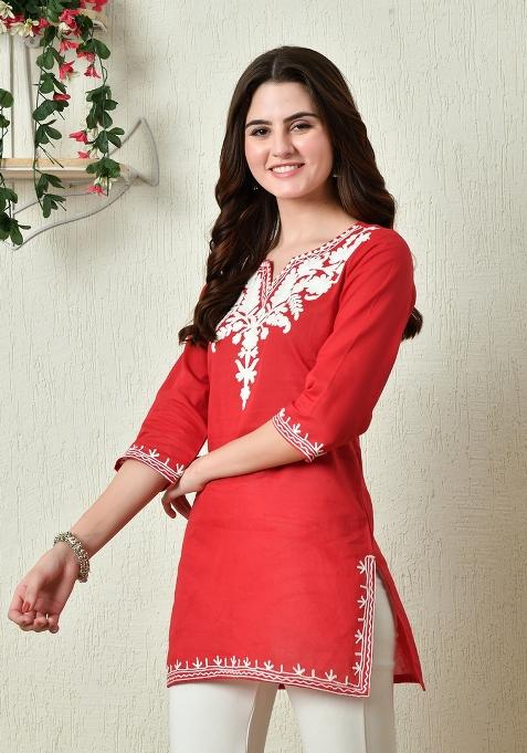 Red Embroidery Cotton Kurti