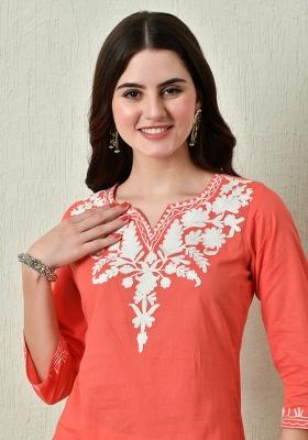 Peach Embroidery Cotton Kurti