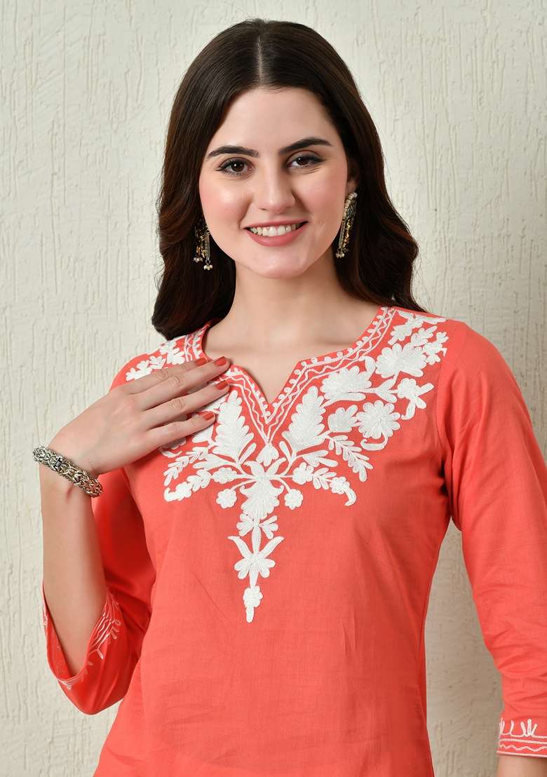 Peach Chikankari Cotton Kurta - Indya