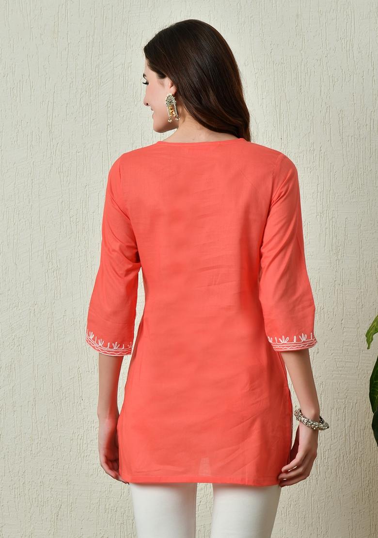 Peach Embroidery Cotton Kurti - Indya