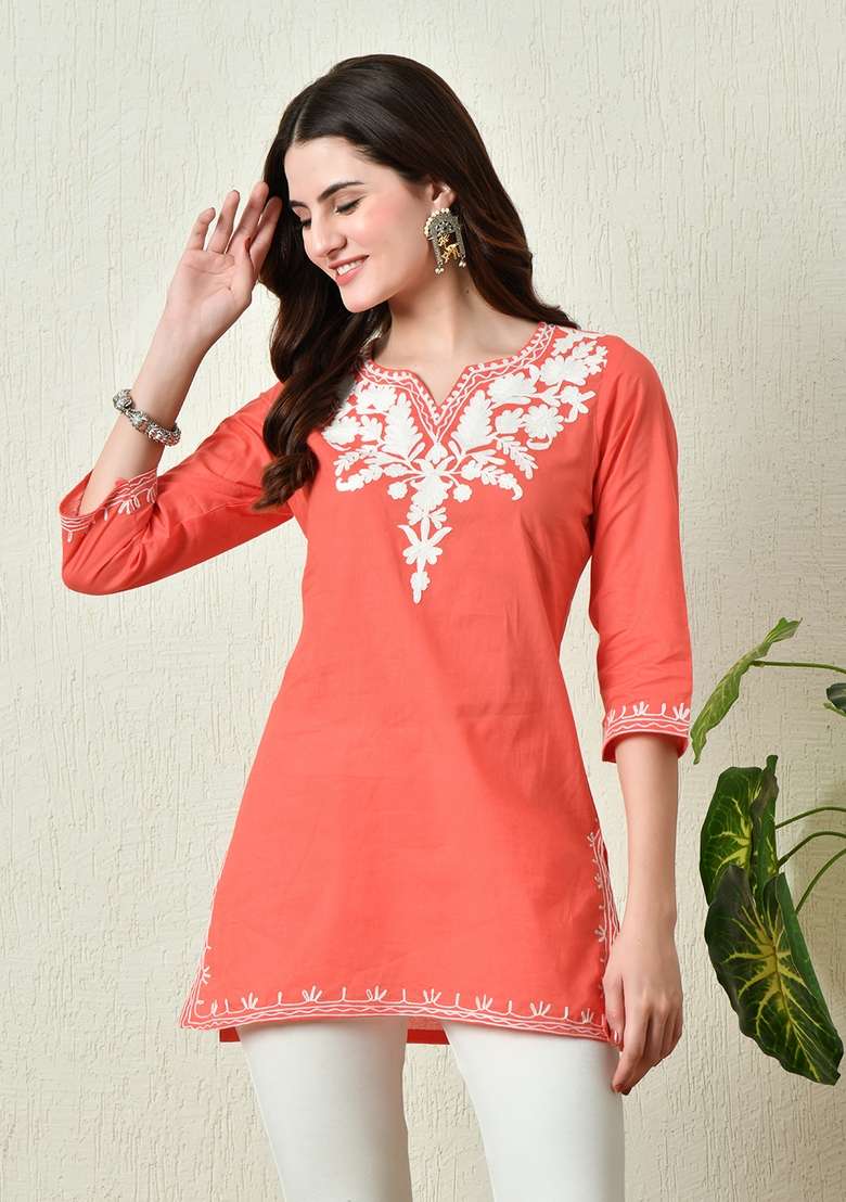 Peach Chikankari Cotton Kurta - Indya