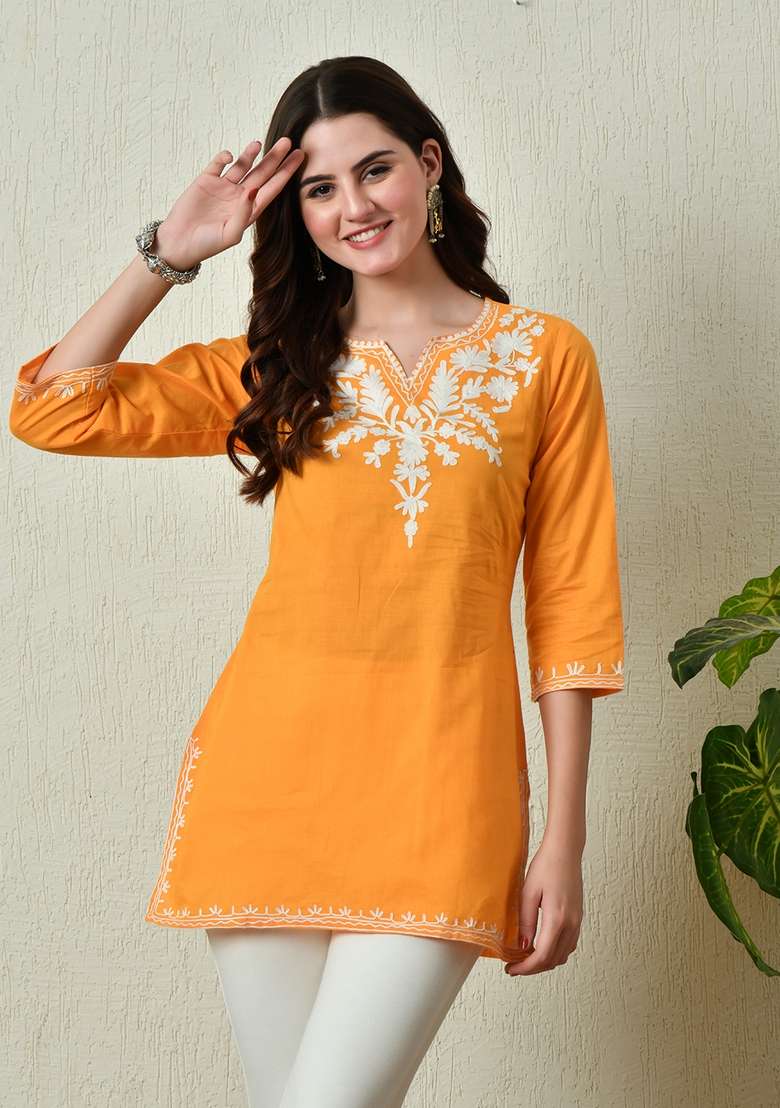 Mustard Chikankari Cotton Kurta - Indya