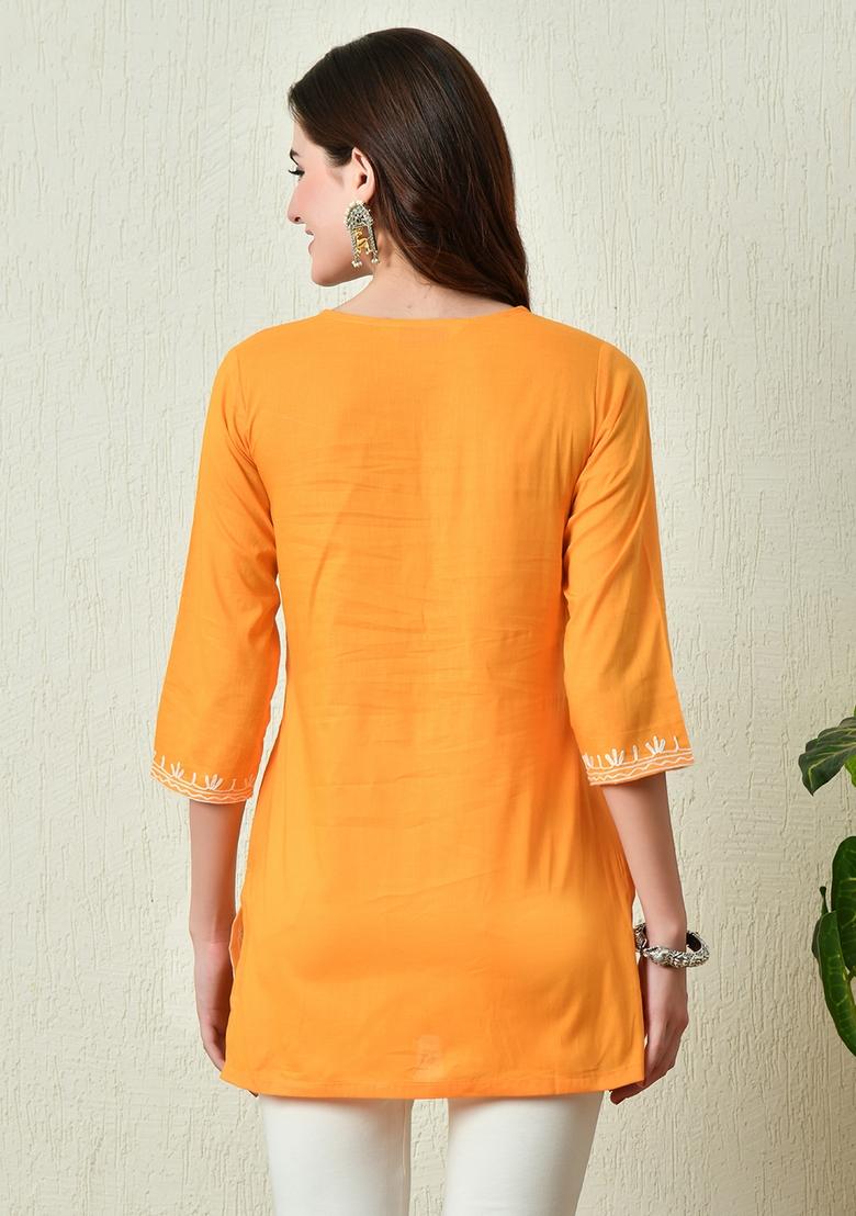 Mustard Embroidery Cotton Kurti - Indya