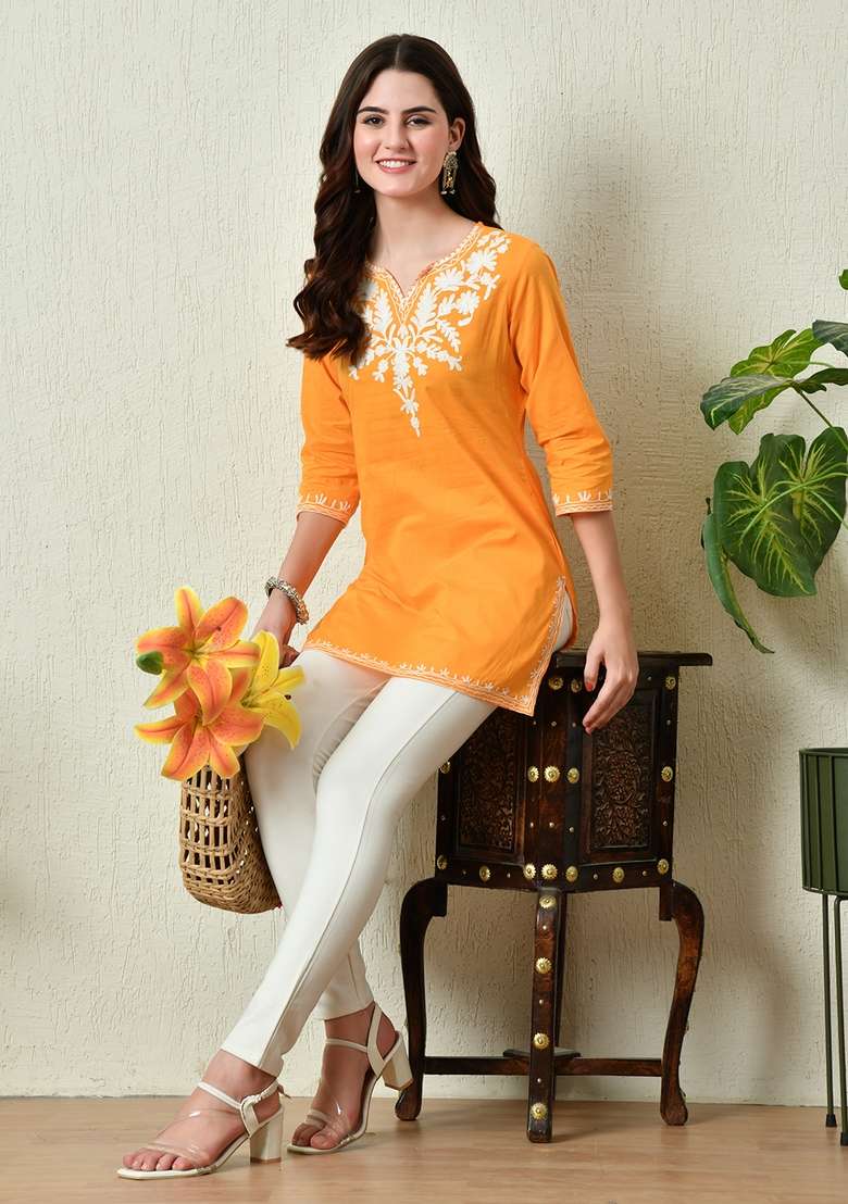 Mustard Chikankari Cotton Kurta - Indya