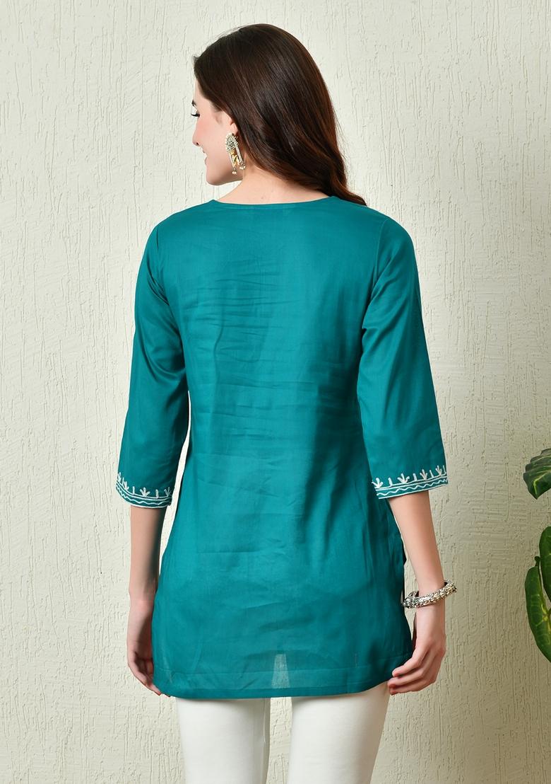 Green Embroidery Cotton Kurti - Indya