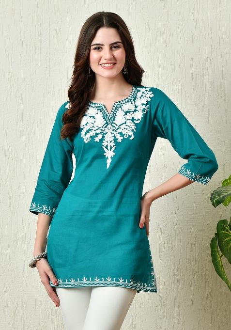 Green Embroidery Cotton Kurti