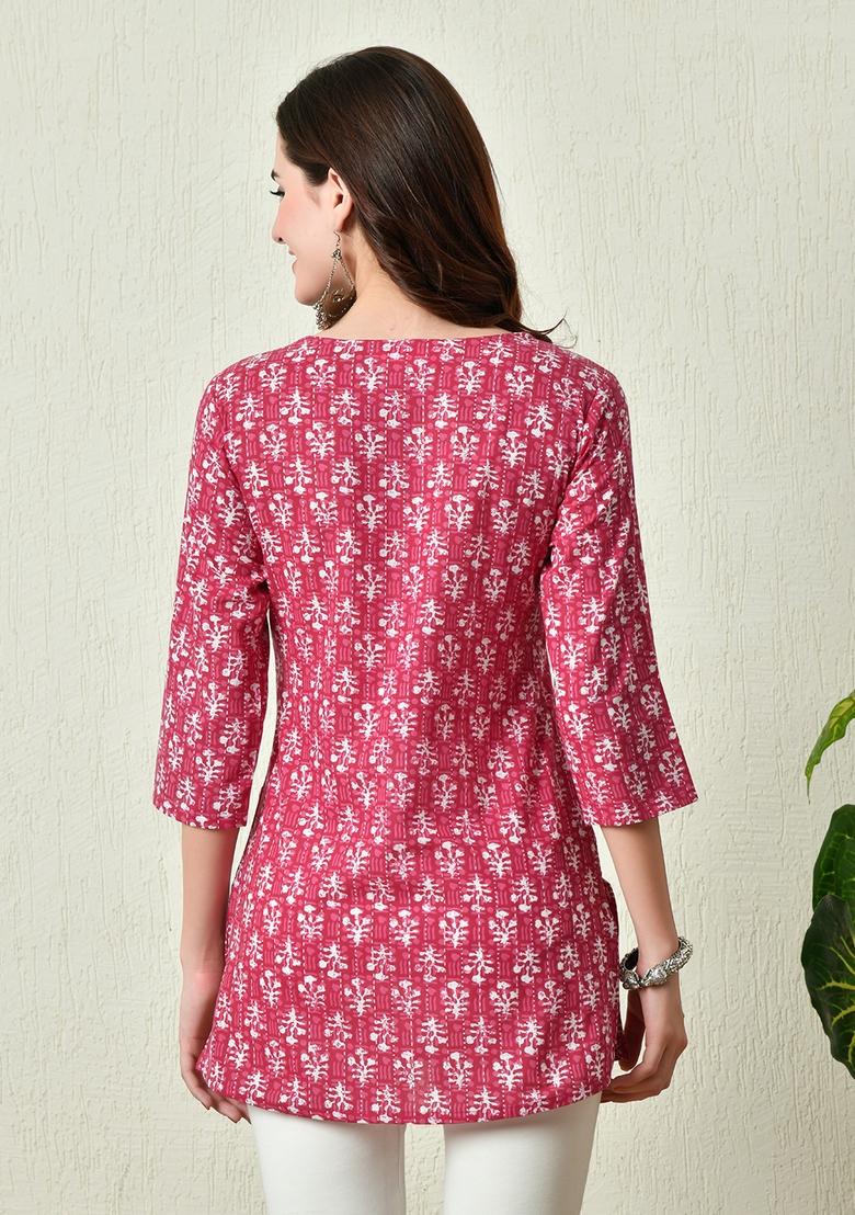 Pink Embroidery Cotton Kurti - Indya