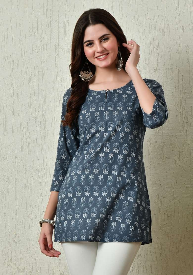 Grey Printed Cotton Kurta - Indya