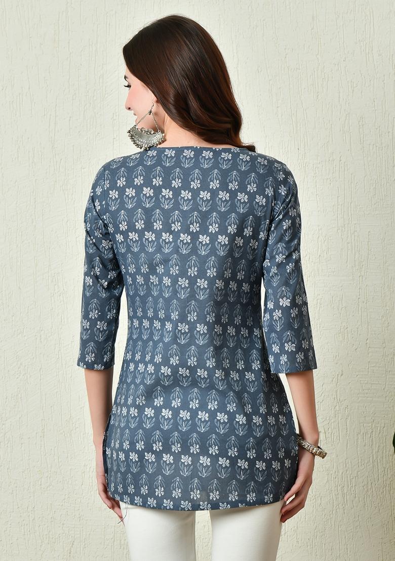 Grey Embroidery Cotton Kurti - Indya