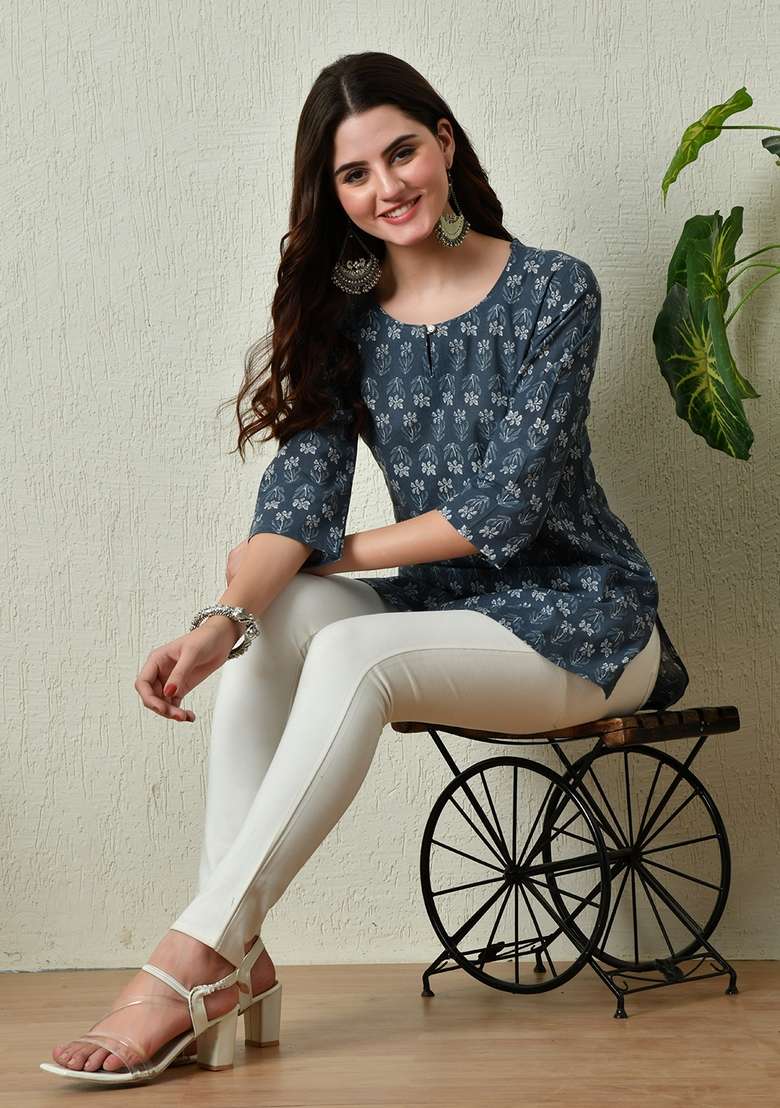 Grey Printed Cotton Kurta - Indya