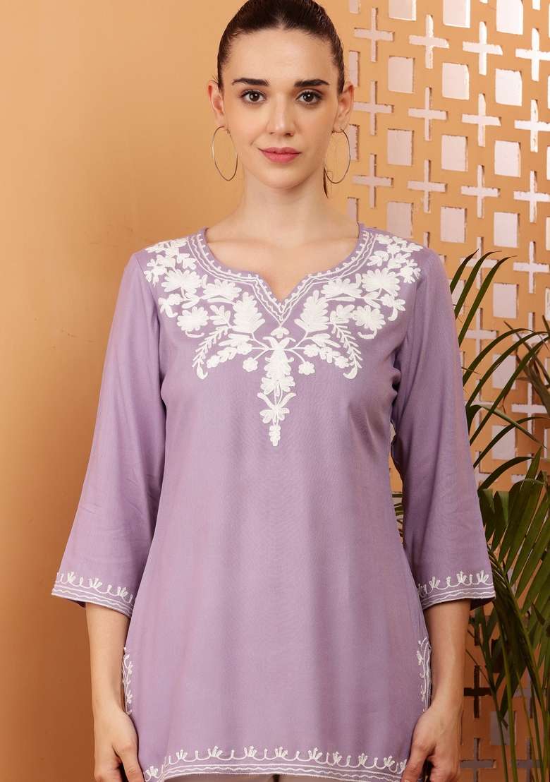 Lavender Embroidered Cotton Kurta - Indya
