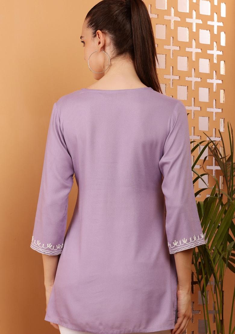 Lavender Embroidery Cotton Kurti - Indya