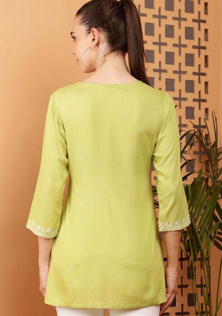 Olive Embroidery Cotton Kurti - Indya