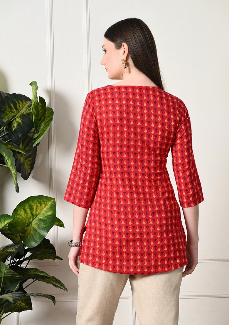 Red Embroidery Cotton Kurti - Indya