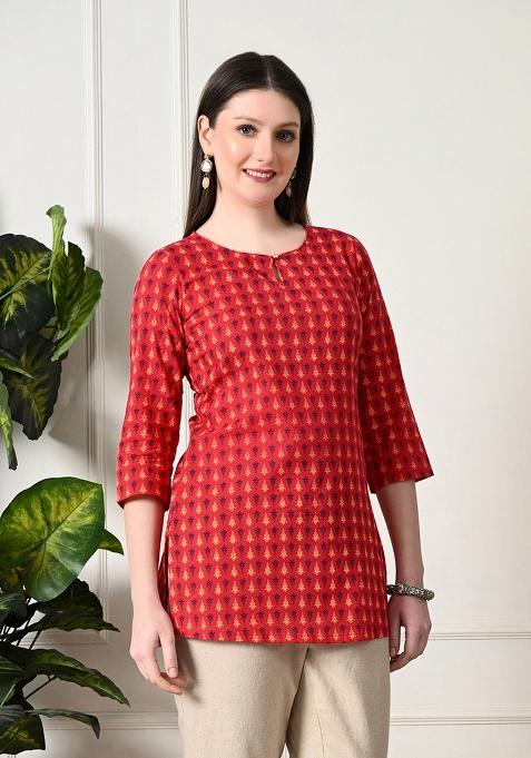 Red Embroidery Cotton Kurti