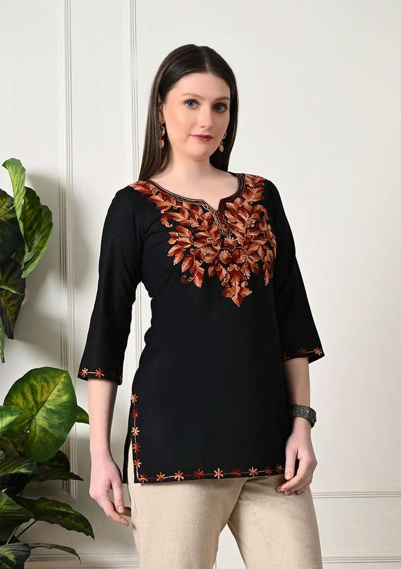 Black Embroidered Cotton Kurta - Indya