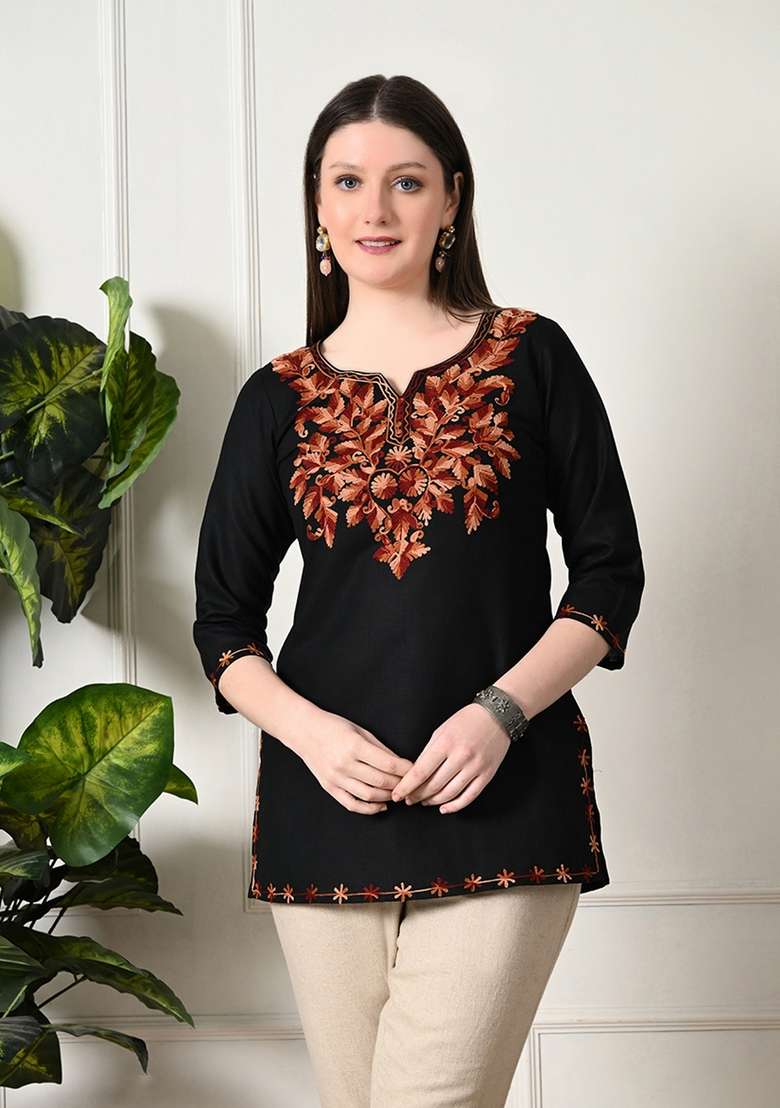 Black Embroidered Cotton Kurta - Indya