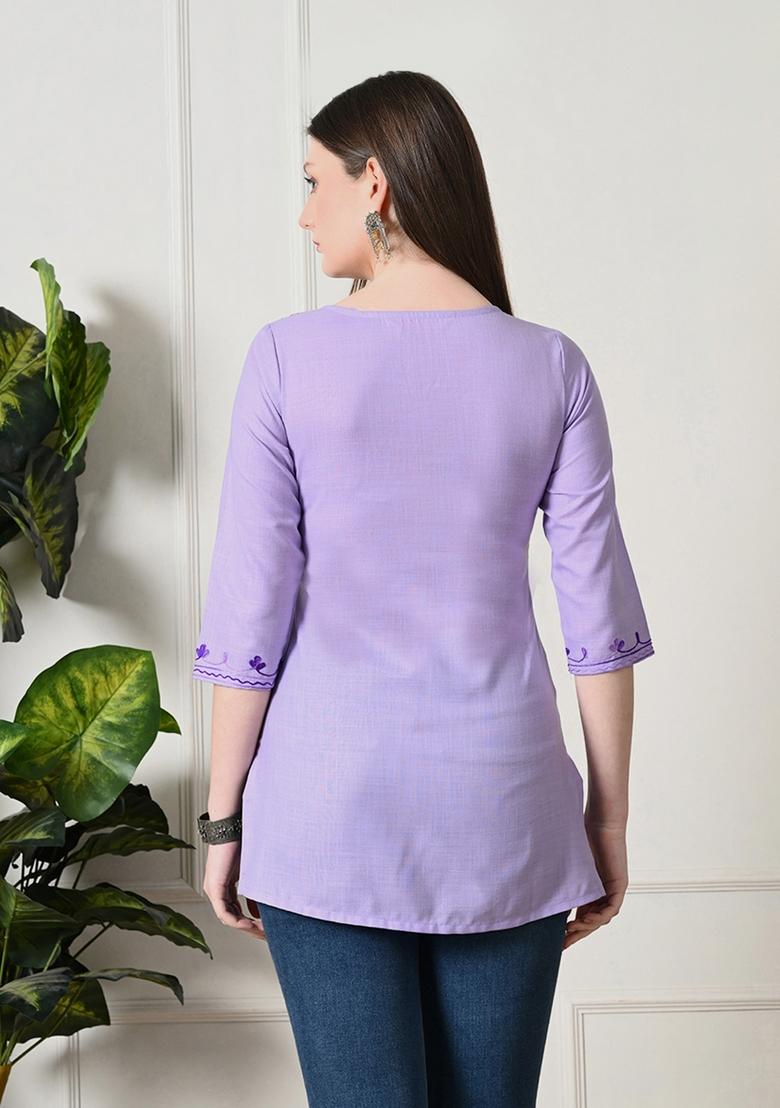 Lavender Embroidery Cotton Kurti - Indya
