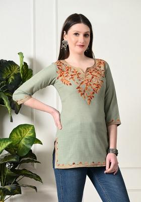 Olive Embroidery Cotton Kurti