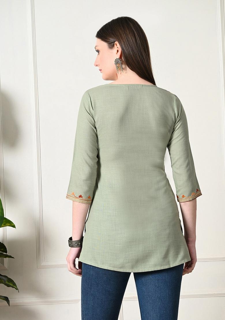 Olive Embroidery Cotton Kurti - Indya
