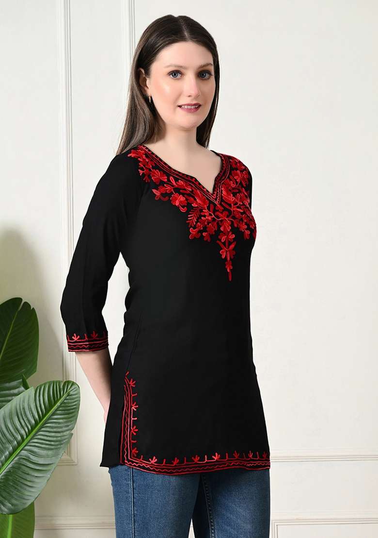 Black Embroidered Cotton Kurta - Indya