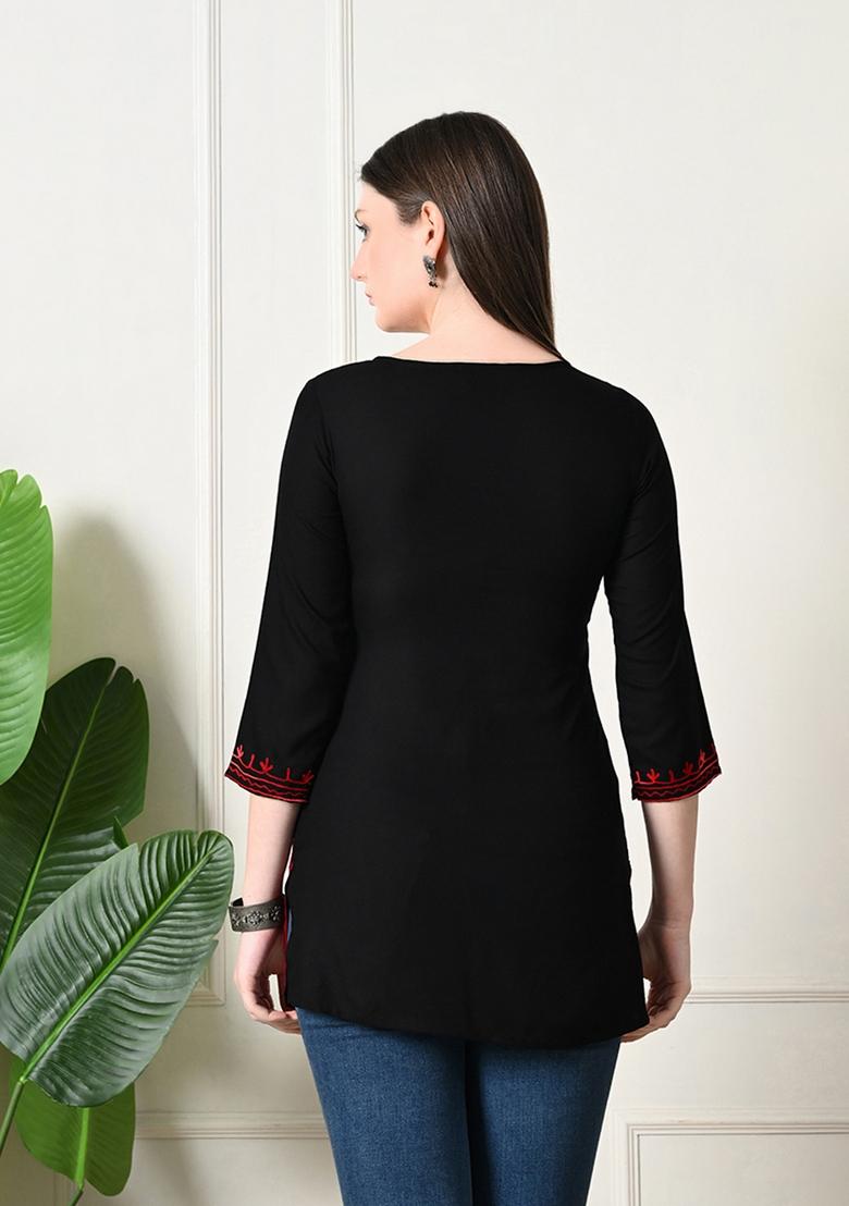Black Embroidery Cotton Kurti - Indya