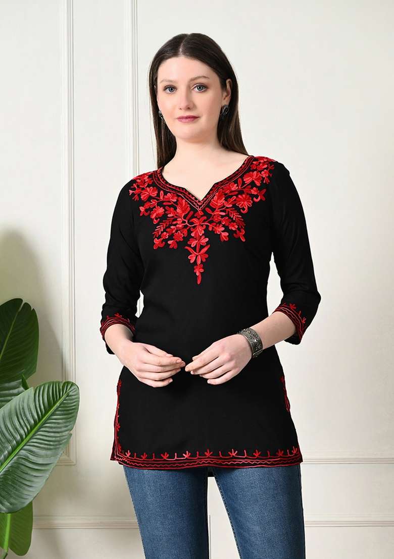 Black Embroidered Cotton Kurta - Indya
