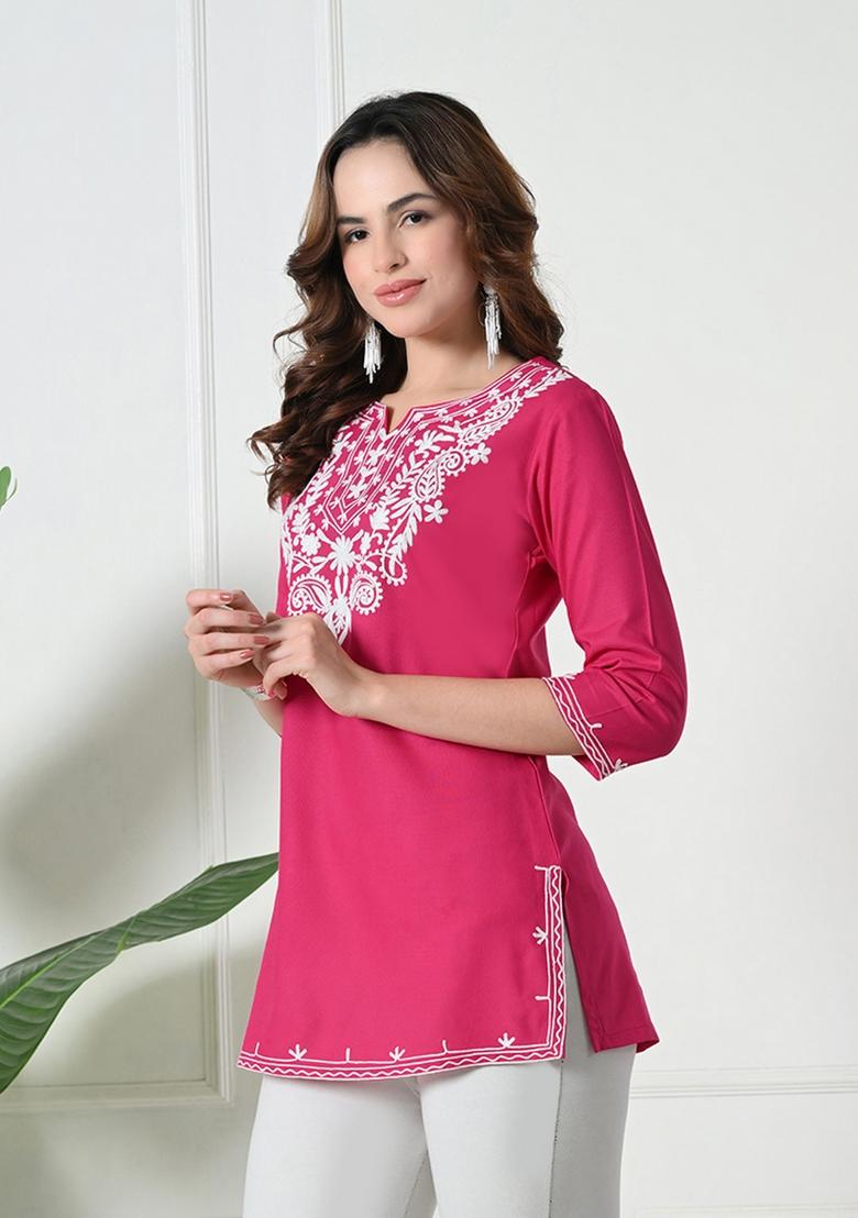 Pink Embroidery Cotton Kurti - Indya