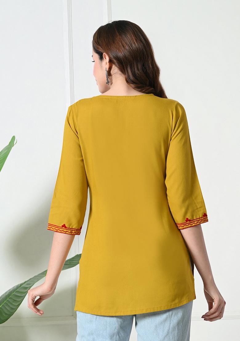 Mustard Embroidery Cotton Kurti - Indya