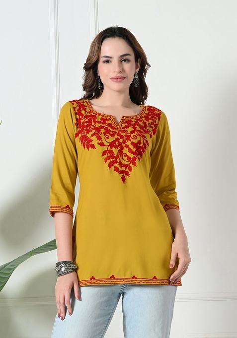 Mustard Embroidery Cotton Kurti