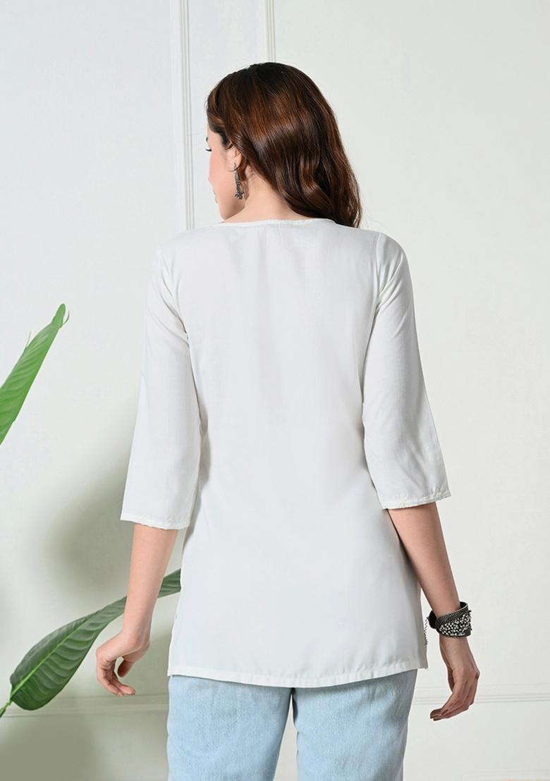 White Embroidery Cotton Kurti - Indya