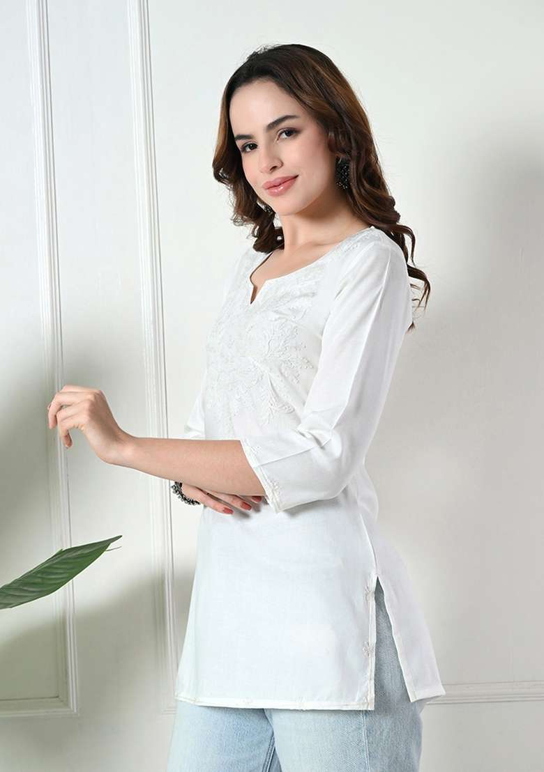 White Chikankari Cotton Kurta - Indya