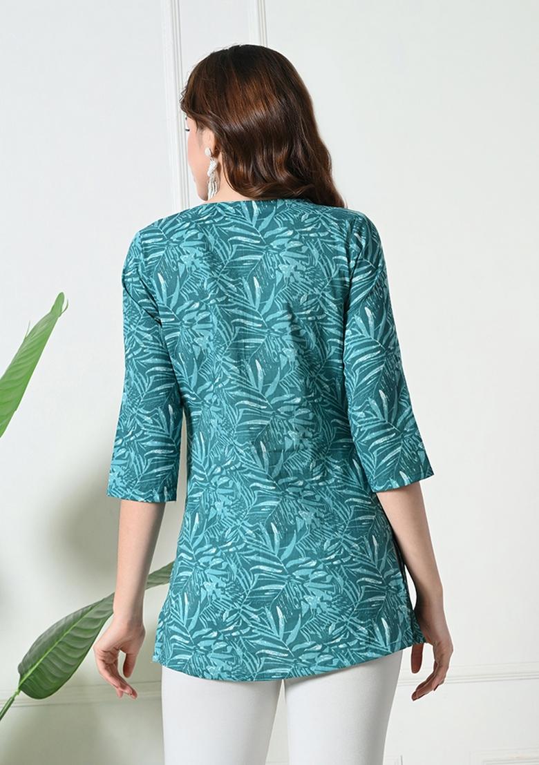 Blue Embroidery Cotton Kurti - Indya