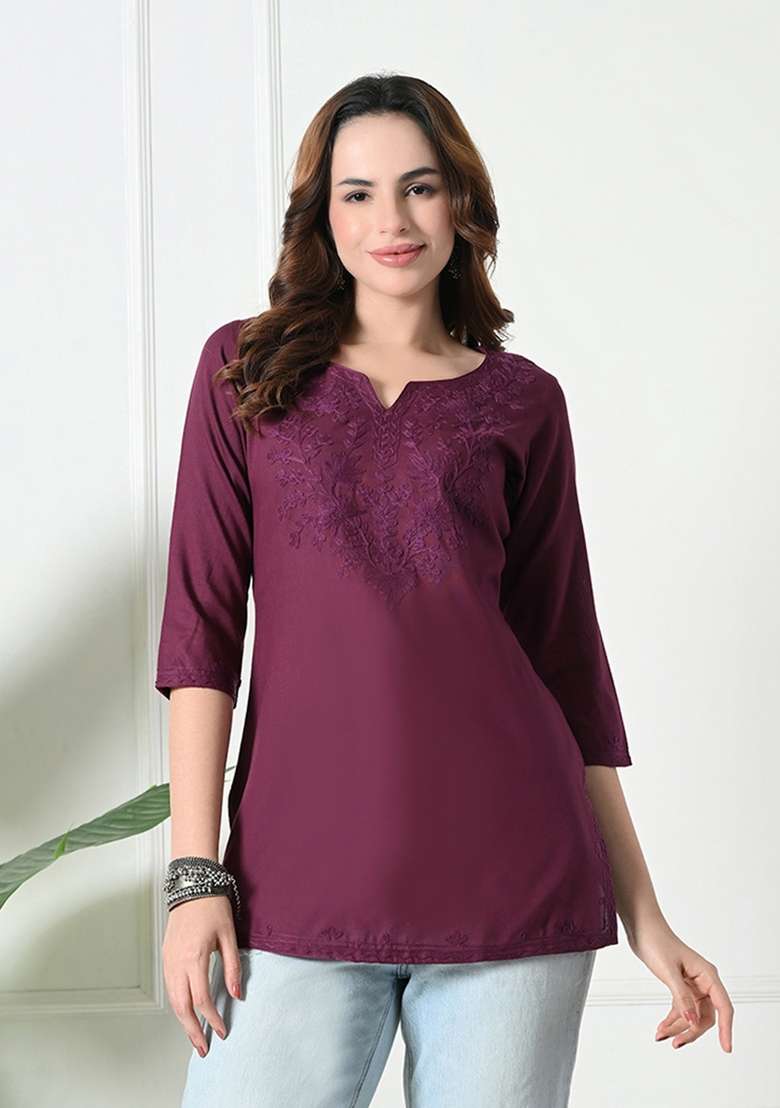 Burgundy Embroidered Cotton Kurta - Indya