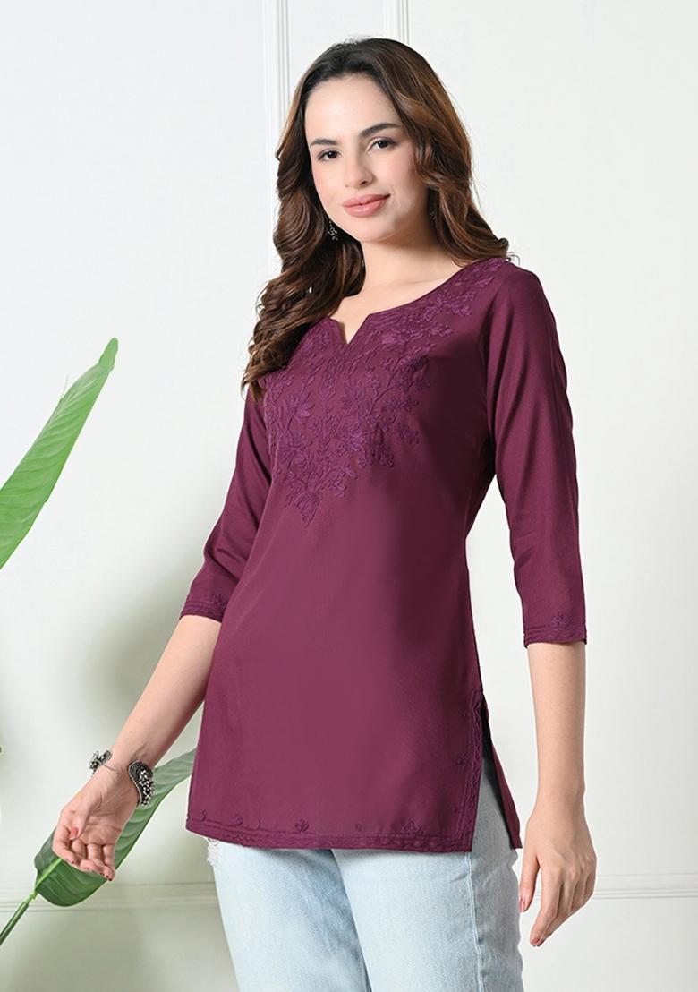 Burgundy Embroidery Cotton Kurti - Indya